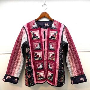 Handmade Reversible Quilted Jacket Log Cabin Stripes and Butterflies Medium